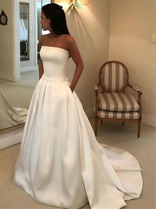 Strapless White Satin Wedding Dresses, White Satin Long Formal Prom Dresses,DS1424