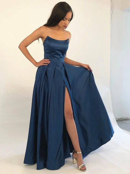 Strapless Navy Blue/Burgundy Prom Dress with Leg Slit, Navy Blue/ Wine Red Formal Evening Bridesmaid Dresses,DS1737