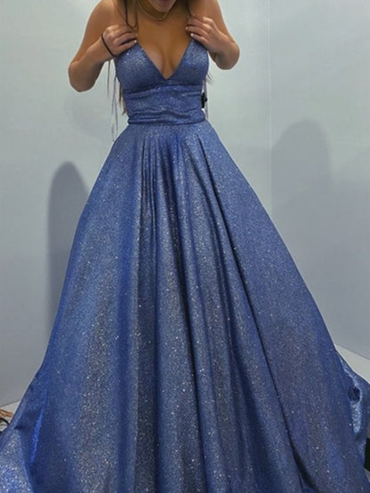 Stylish A Line V Neck Blue Long Prom Dresses, Shiny Blue V Neck Long Formal Evening Dresses,DS1398