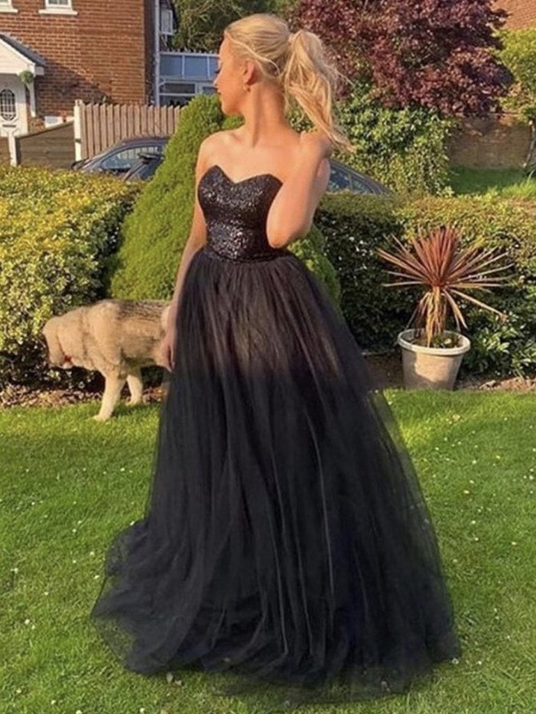 Sweetheart Neck Black Tulle Long Prom Dresses, Black Long Formal Evening Dresses,DS1429