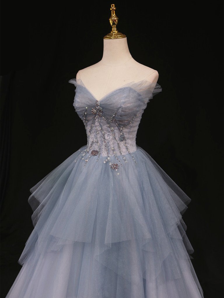 Sweetheart Neck Blue Ombre Tulle Long Prom Dresses, Blue Ombre Long Tulle Formal Evening Dresses,DS1450