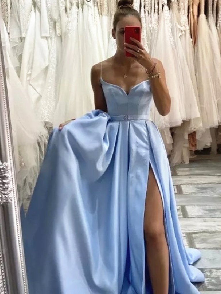 Sweetheart Neck Light Blue Satin Prom Dresses, Light Blue Long Formal Evening Dresses,DS1518