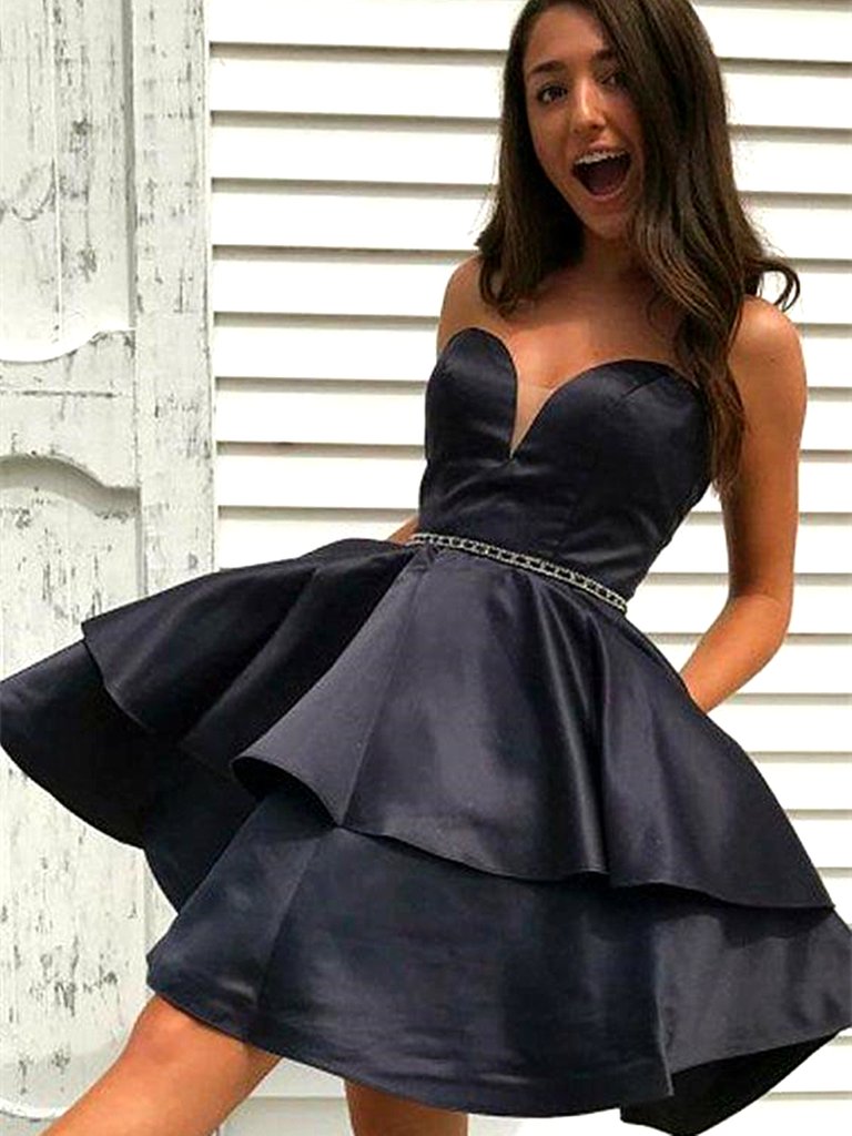 Sweetheart Neck Short Back Prom Dresses, Little Black Formal Graduation Homecoming Dresses,DS1655