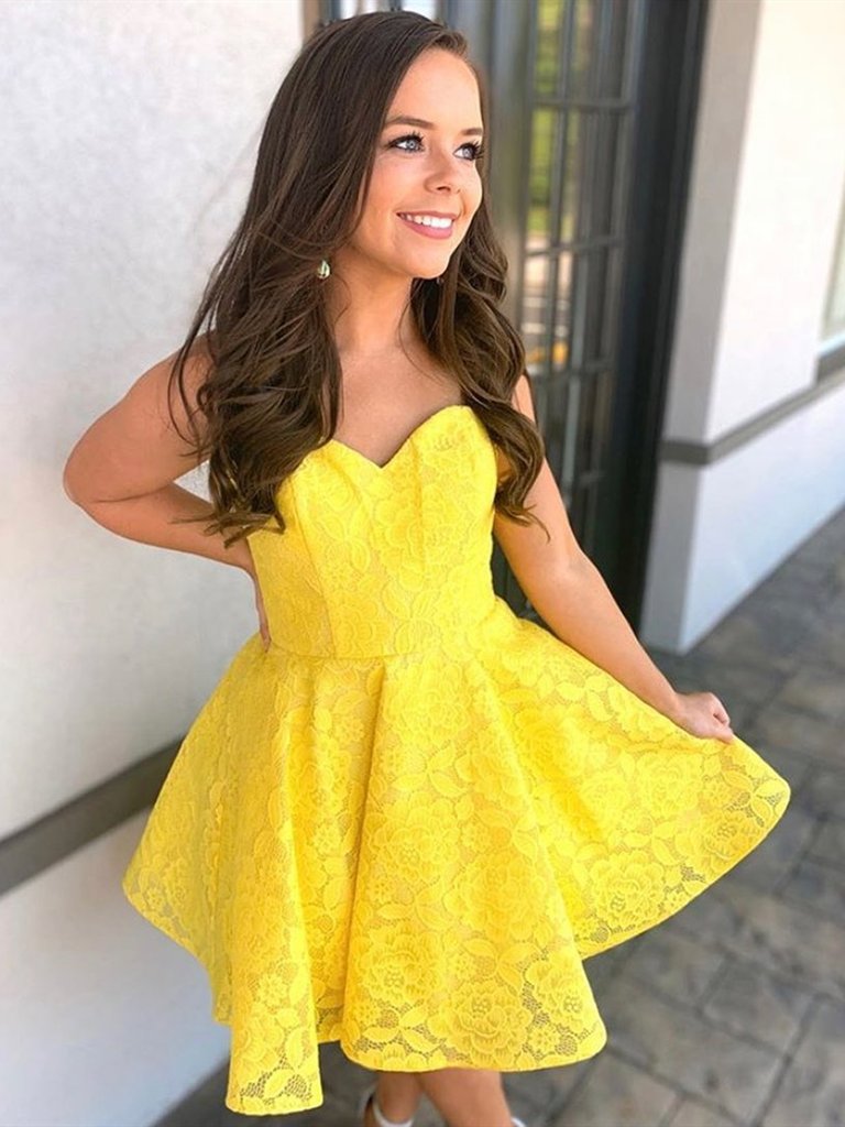 Sweetheart Neck Short Yellow Lace Prom Dresses, Short Yellow Lace Graduation Homecoming Dresses,DS0872