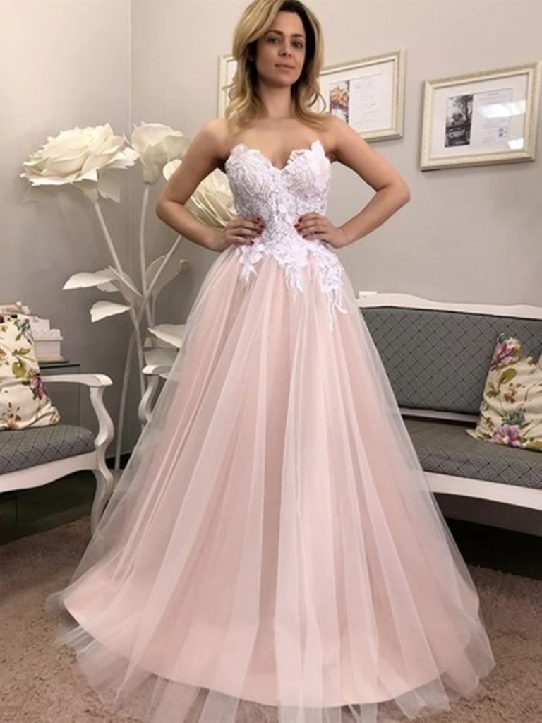 Sweetheart Pink Lace Prom Dresses, Pink Long Lace Formal Evening Dresses,DS1408