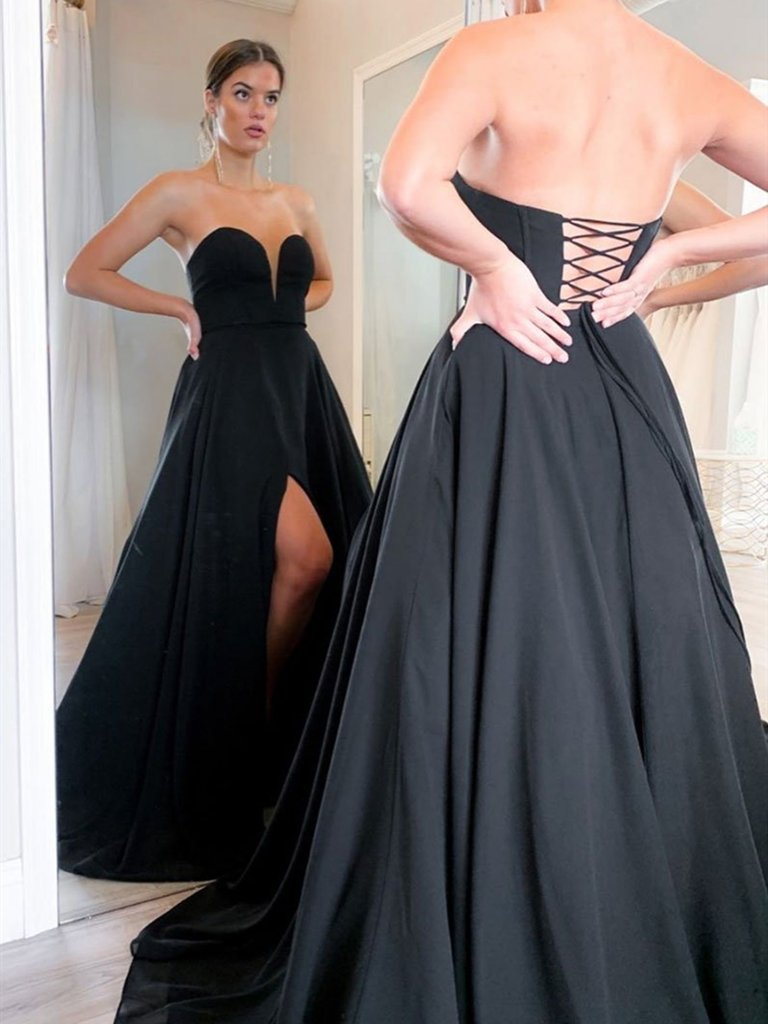 Sweetheart Neck Black Long Prom Dresses, Black Corset Back Formal Evening Dresses,DS1677