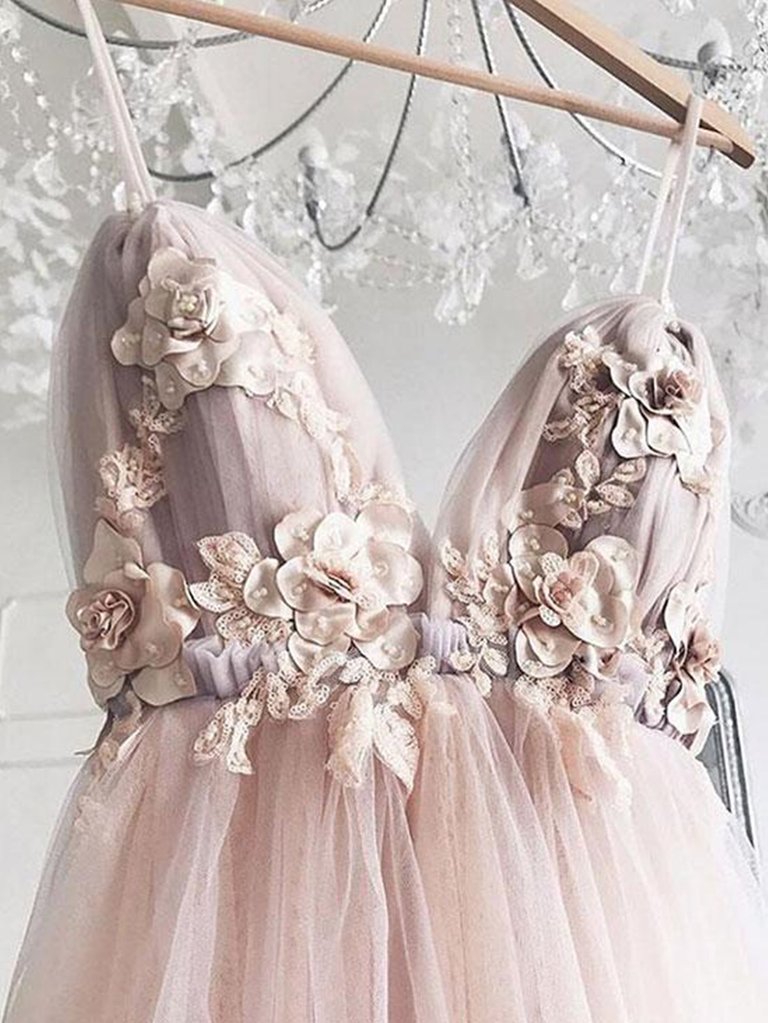 Sweetheart Neck Pink Floral Tulle Prom Dresses, Pink Floral Wedding Formal Graduation Dresses,DS1761