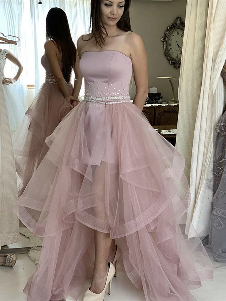 Strapless Two Pieces High Low Prom Dresses, 2 Pieces High Low Long Formal Evening Dresses,DS1484