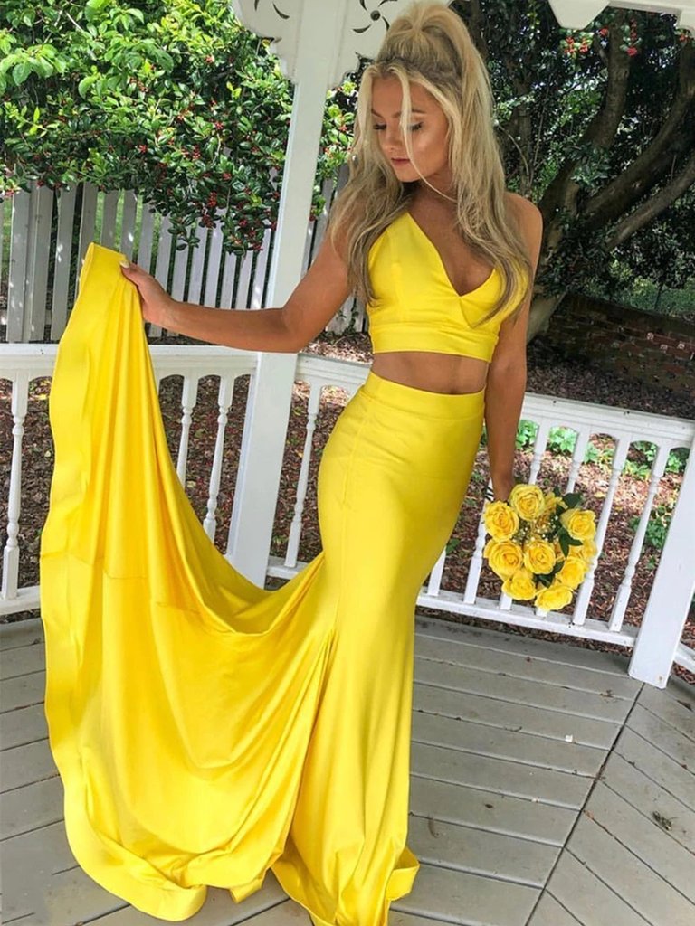 Two Pieces V Neck Yellow Mermaid Long Prom Dresses, 2 Pieces Yellow Mermaid Formal Evening Dresses,DS1633