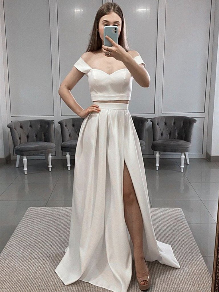 Two Pieces White Satin Prom Dresses, 2 Pieces White Long Formal Evening Dresses,DS1514