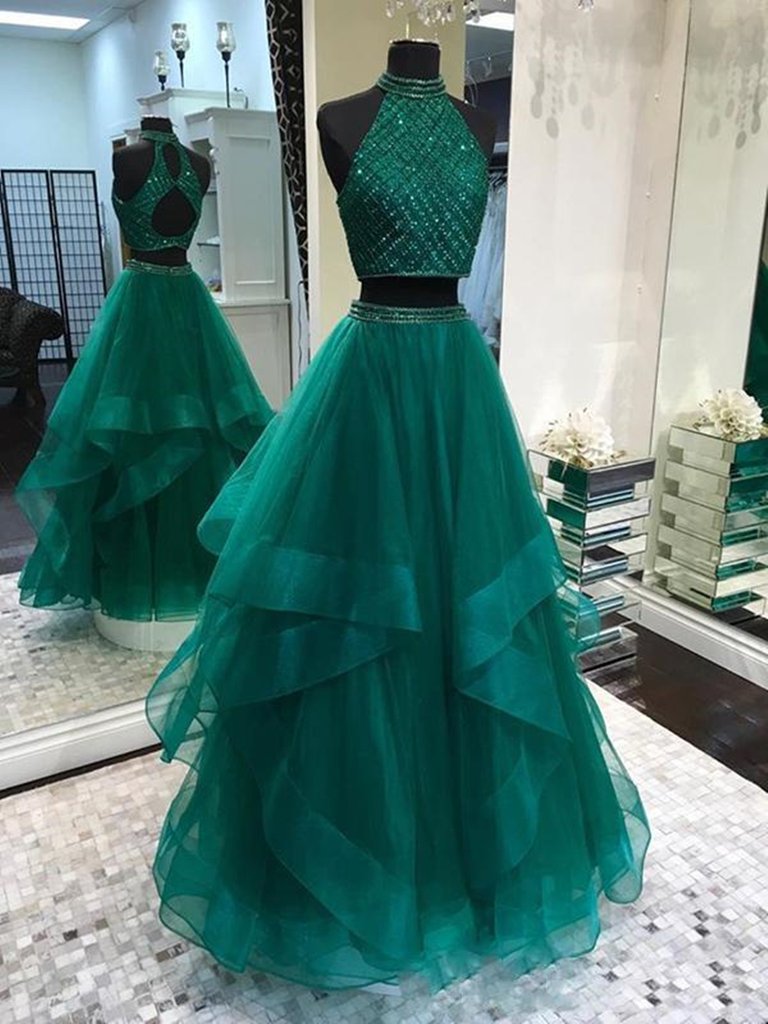Two Pieces Emerald Green Prom Dress Long, 2 Pieces Green Long Formal Graduation Dresses,DS1769