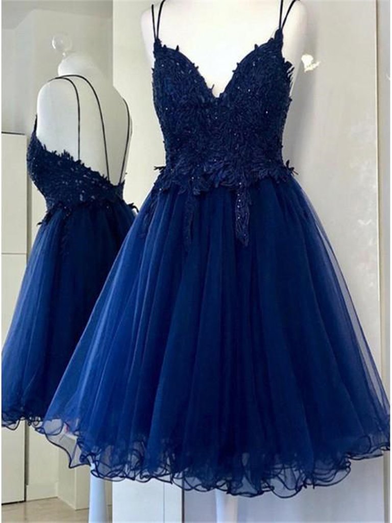V Neck Backless Navy Blue Lace Prom Dresses, Short Navy Blue Lace Homecoming Dresses, Navy Blue Formal Evening Dresses,DS0943