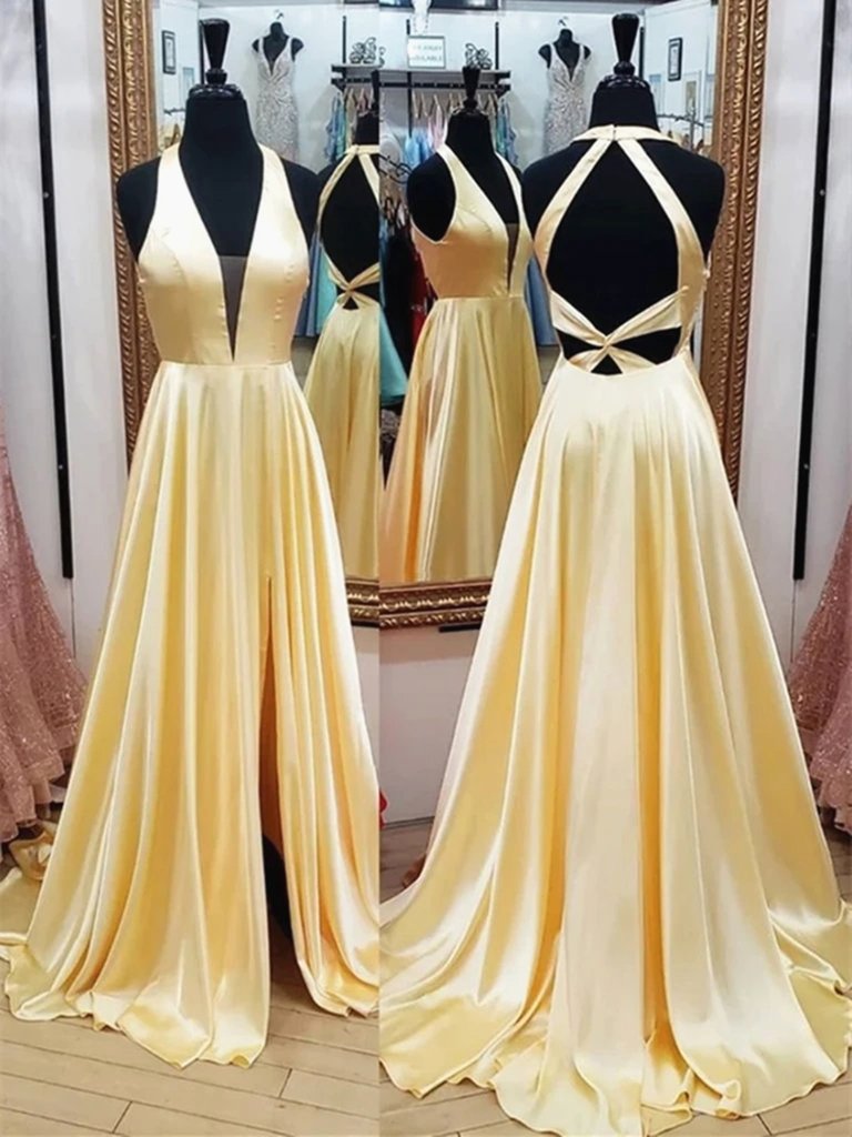 V Neck Backless Yellow Satin Long Prom Dresses, Yellow Open Back Formal Evening Graduation Dresses,DS1665