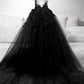 V Neck Black Lace Floral Prom Dresses, Black V Neck Lace Floral Evening Formal Dresses,DS1383