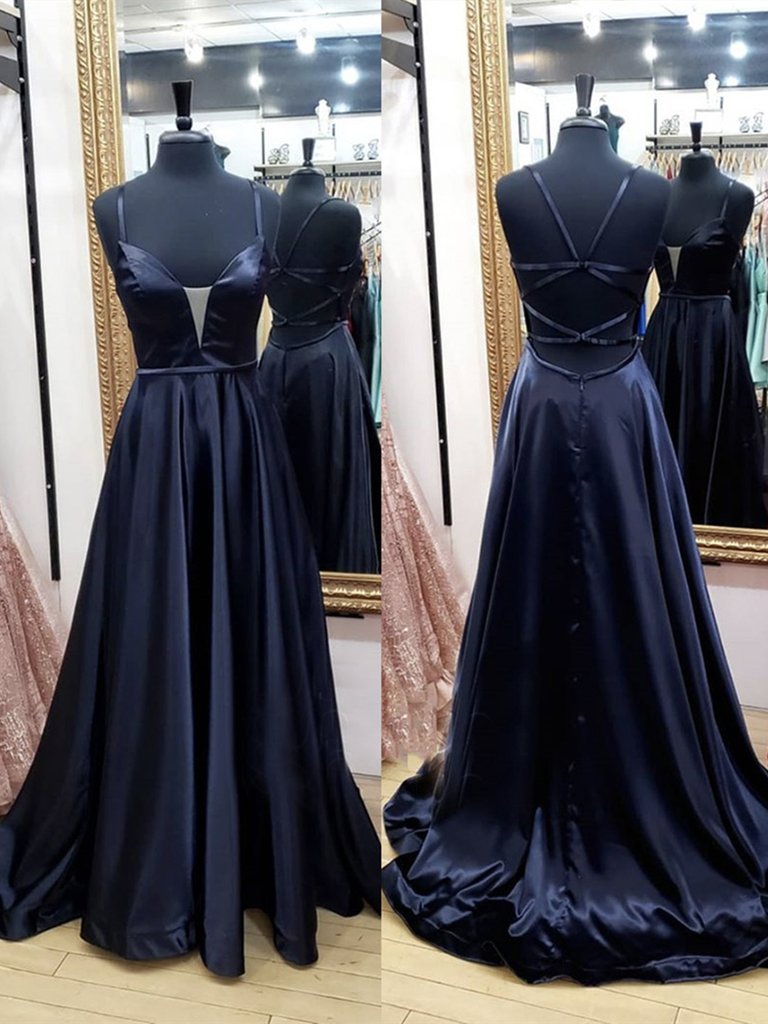 V Neck Black Satin Long Prom Dresses, Black V Neck Long Satin Formal Evening Dresses,DS1620