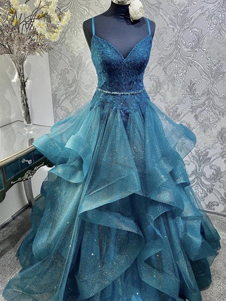 V Neck Blue Tulle Lace Prom Dresses, Shiny Blue Long Formal Evening Dresses,DS1488