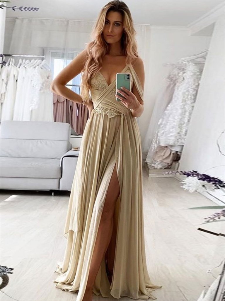 V Neck Champagne Lace Prom Dresses, Champagne Lace Formal Evening Dresses,DS1427