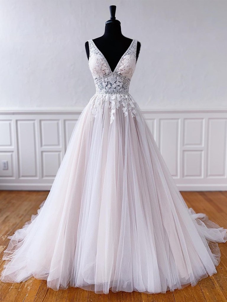 V Neck Champagne Lace Wedding Dresses, V Neck Champagne Lace Formal Prom Dresses,DS1432