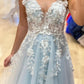 V Neck Lace Floral Blue Prom Dresses, Blue V Neck Lace Floral Long Formal Evening Dresses,DS1411