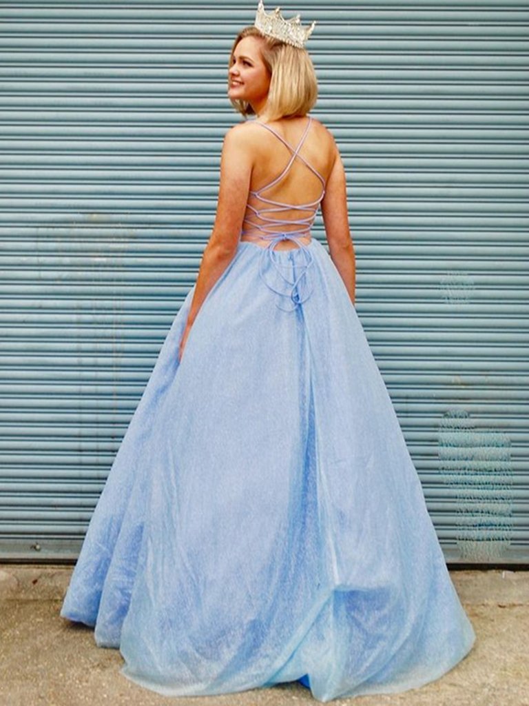 V Neck Light Blue Backless Prom Dresses, Open Back Blue Formal Evening Dresses,DS1409