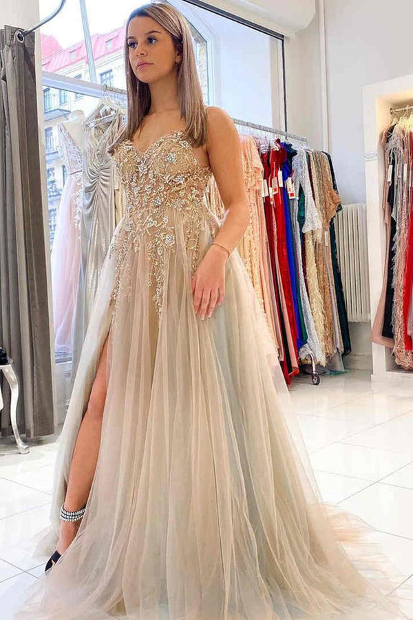 A Line V Neck Tulle Beaded Backless Long Prom Dresses With High Slit ,DS4559