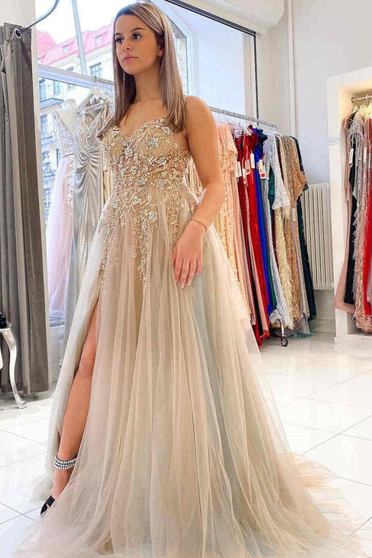 A Line V Neck Tulle Beaded Backless Long Prom Dresses With High Slit ,DS4559