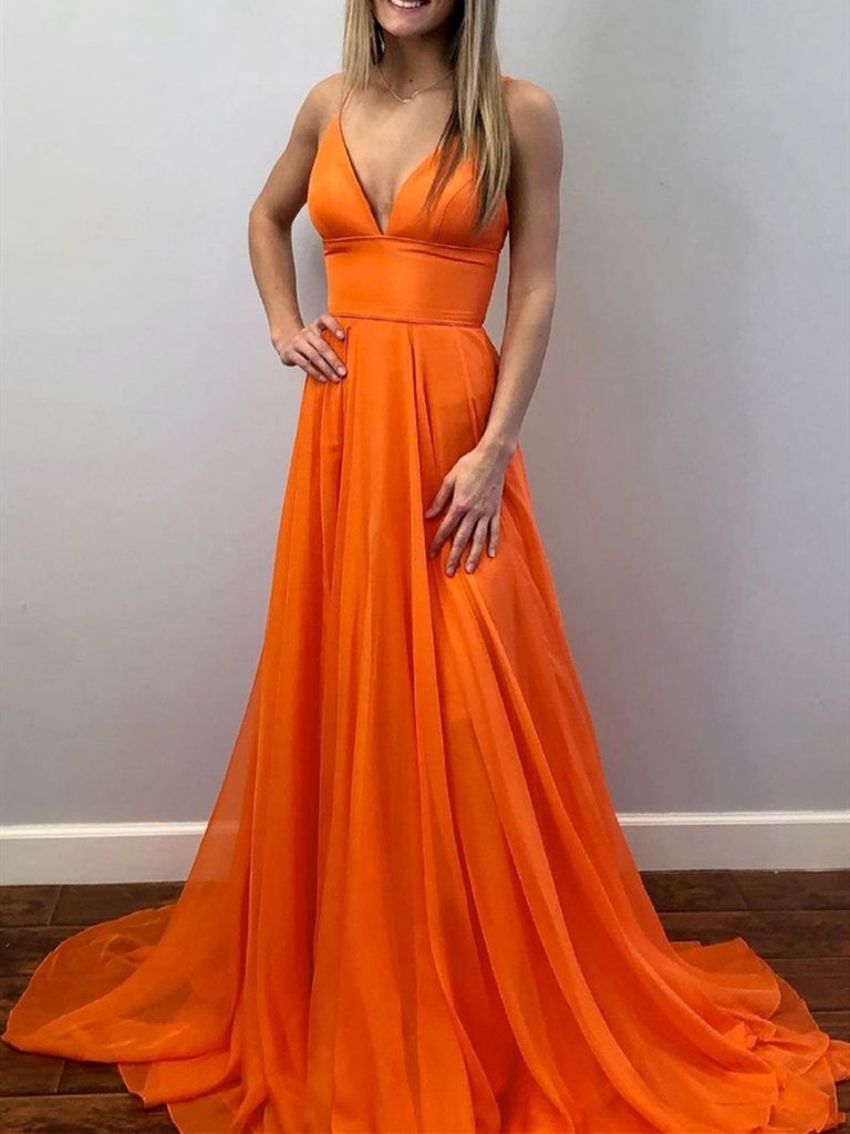 V Neck Orange Long Prom Dresses, Orange V Neck Long Formal Evening Dresses,DS1497