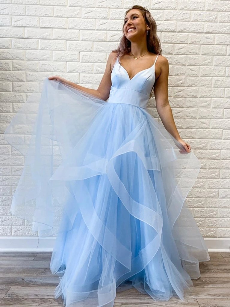V Neck Pink Blue Tulle Long Prom Dresses, Pink Blue Tulle Long Formal Evening Dresses,DS1402