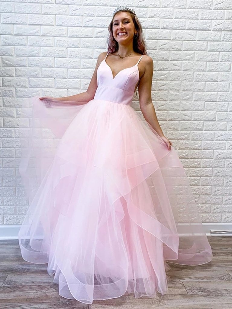 V Neck Pink Blue Tulle Long Prom Dresses, Pink Blue Tulle Long Formal Evening Dresses,DS1402