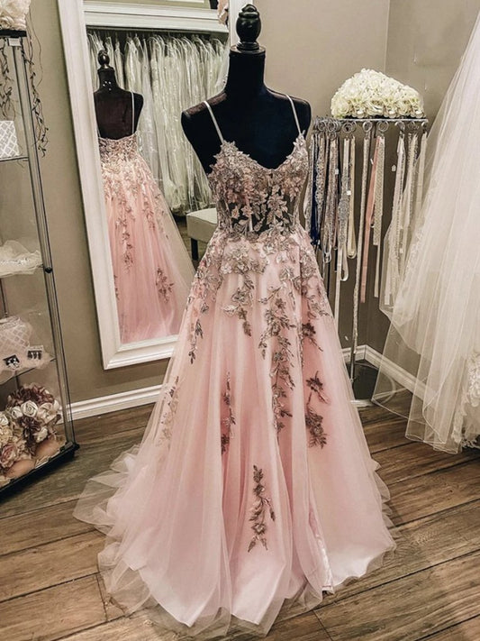 V Neck Pink Champagne Floral Long Prom Dresses, Pink Champagne Lace Formal Evening Dresses,DS1454