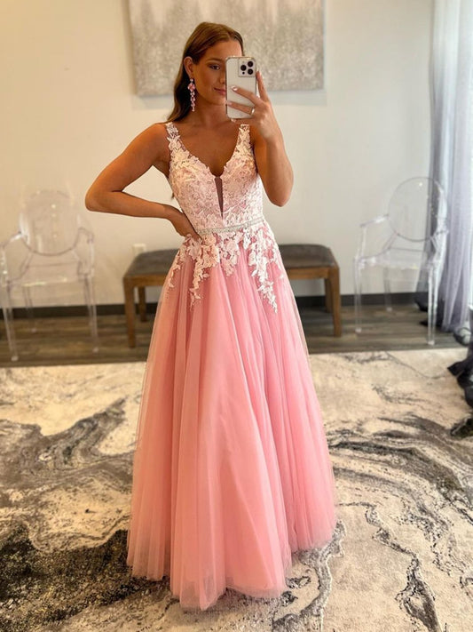 V Neck Pink Lace Long Prom Dresses, Backless Pink Lace Formal Evening Dresses,DS3065