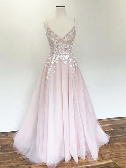 V Neck Pink Lace Long Prom Dresses, Pink Long Lace Floral Formal Evening Dresses,DS1449