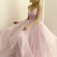 V Neck Pink Tulle Prom Dresses, Pink V Neck Tulle Formal Evening Dresses，DS1439