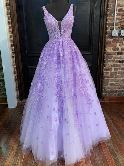 V Neck Purple Lace Prom Dresses, V Neck Purple Lace Formal Evening Dresses,DS1470