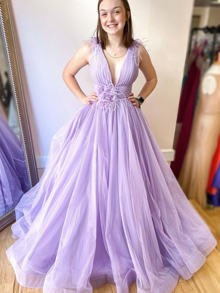 V Neck Purple Tulle Floral Prom Dresses, V Neck Purple Tulle Formal Evening Dresses,DS1442