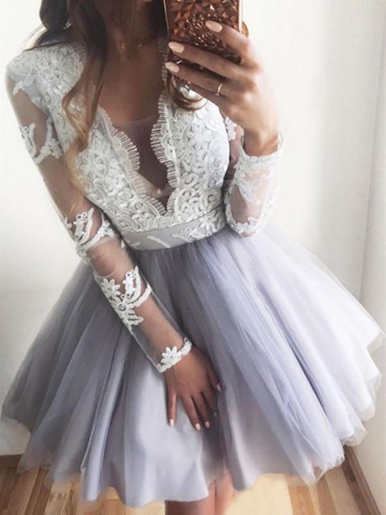 V Neck Short Gray Prom Dress with White Lace, Short Lace Formal Graduation Dresses,DS1372