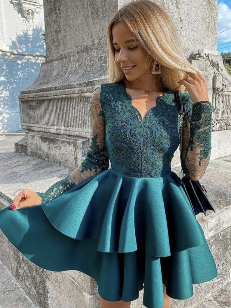 V Neck Short Green Lace Prom Dresses, Short Green Lace Formal Homecoming Dresses,DS1507