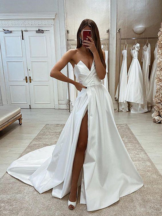 V Neck White Satin Wedding Dresses, Elegant White Satin Formal Prom Dresses,DS3067