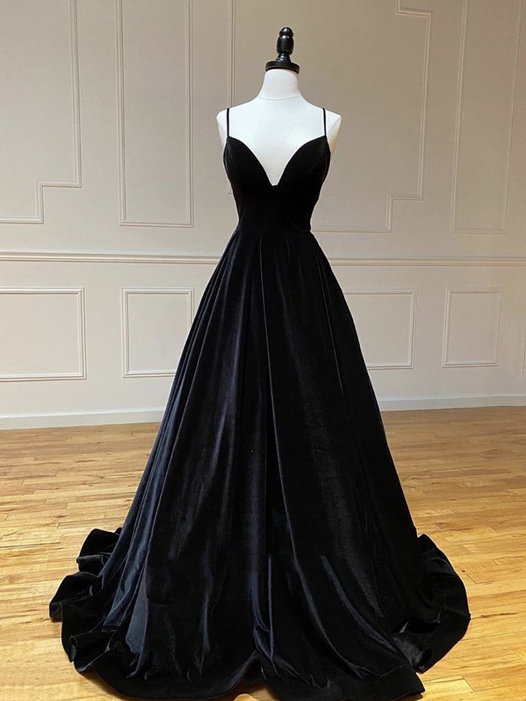 V Neck Black Velvet Long Prom Dresses, Black V Neck Long Formal