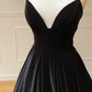 V Neck Black Velvet Long Prom Dresses, Black V Neck Long Formal Evening Graduation Dresses,DS1726