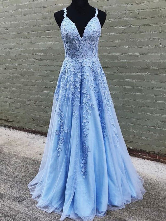 V Neck Long Blue Lace Prom Dresses, Blue Long Lace Formal Evening Bridesmaid Dresses,DS1755