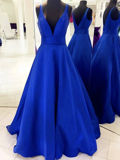V Neck Royal Blue Satin Prom Dresses, Royal Blue Satin Formal Evening Bridesmaid Dresses,DS1690