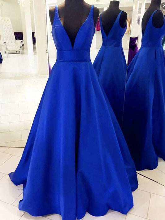 V Neck Royal Blue Satin Prom Dresses, Royal Blue Satin Formal Evening Bridesmaid Dresses,DS1690