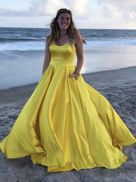 Yellow Satin Long Prom Dresses, Yellow Long Satin Formal Evening Dresses,DS1619