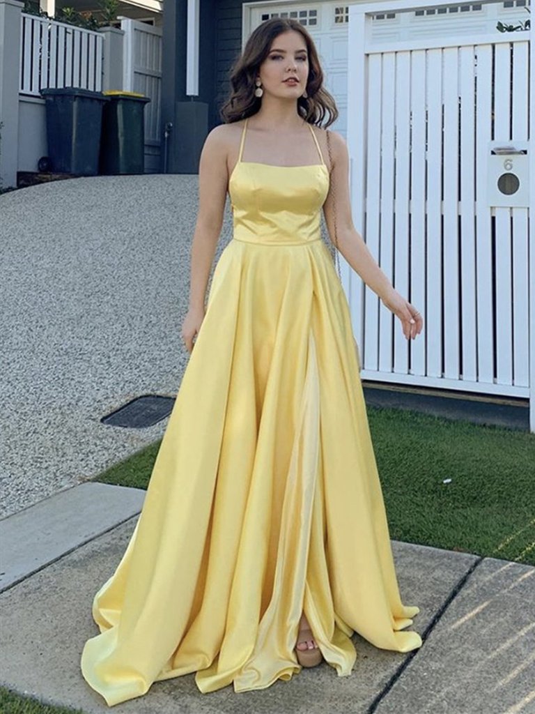 Yellow Satin Long Prom Dresses, Yellow Satin Long Formal Evening Dresses,DS1629