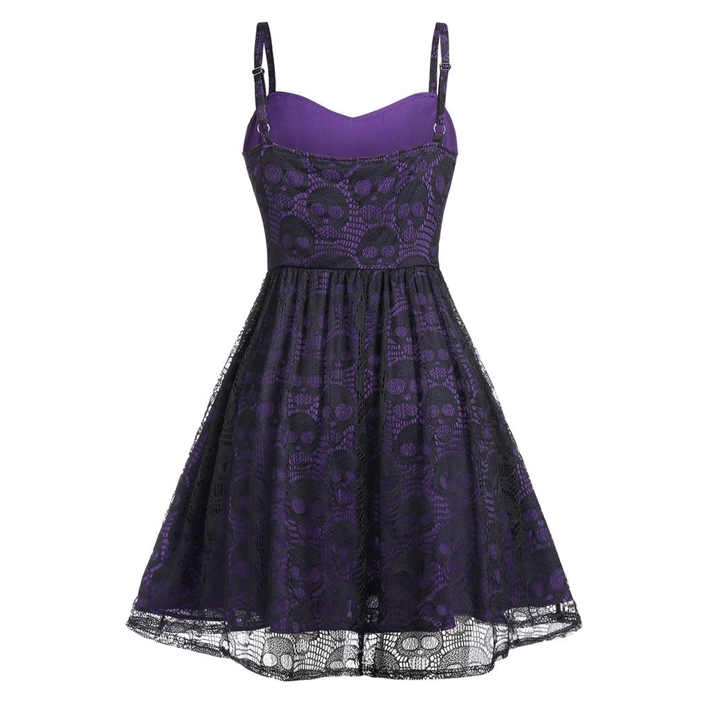 Burgundy Skull Lace Vintage Dress,DS1546