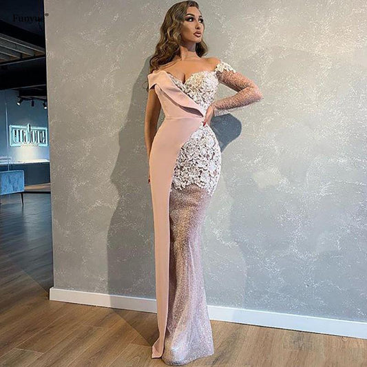 Sexy Mermaid Evening Dresses With Off-shouder Strapless Applique lace Formal Party Prom Dress,EQ9652