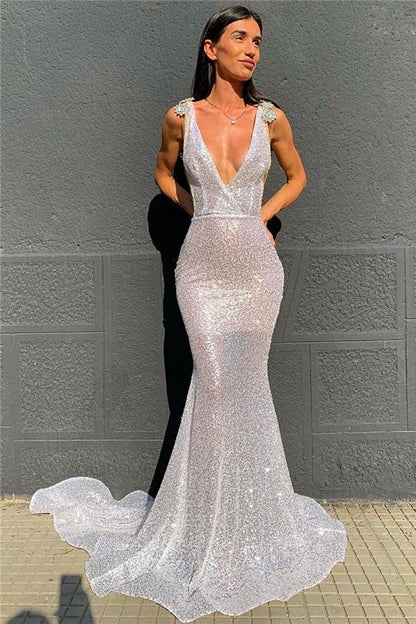 Chic Deep V-Neck Silver Sequins Prom Dress Mermaid Open Back,DS4675