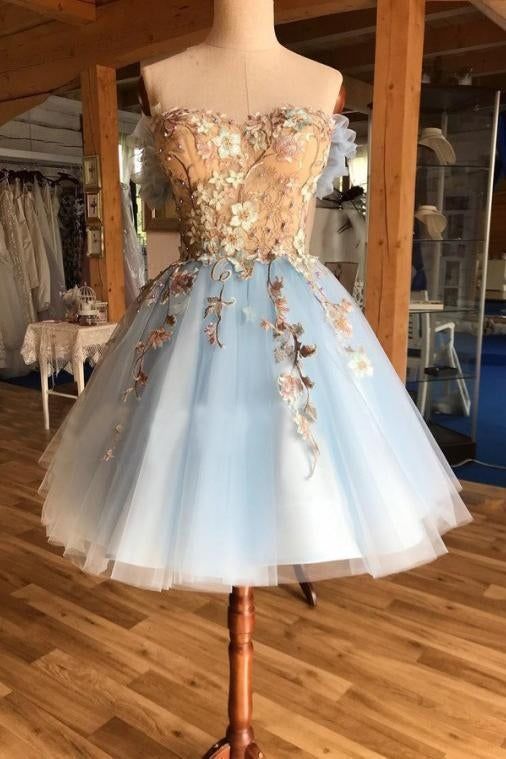 A Line Light Blue Off the Shoulder Above Knee Homecoming Prom Dress with Appliques,DS4053