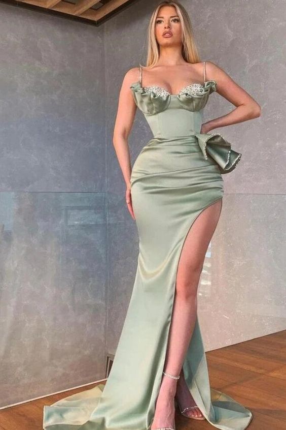 Elegant Dusty Sage Spaghetti Straps Mermaid Prom Dress With Slit,DS5108